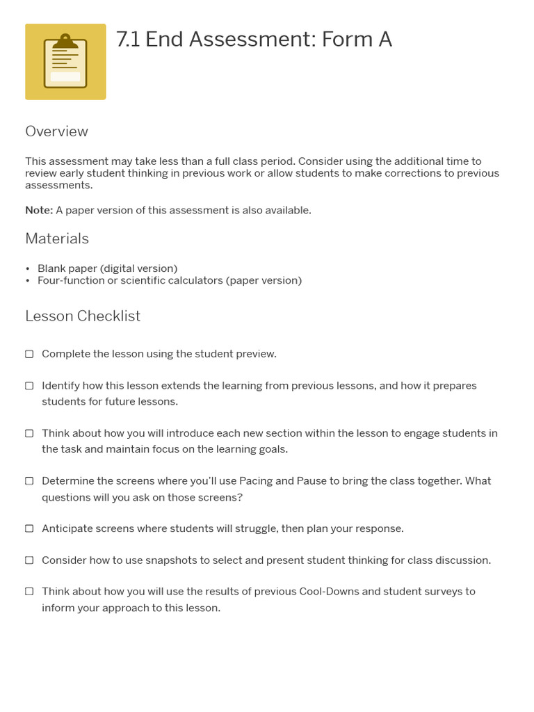7.1 End Assessment - Form A - Teacher Guide | PDF