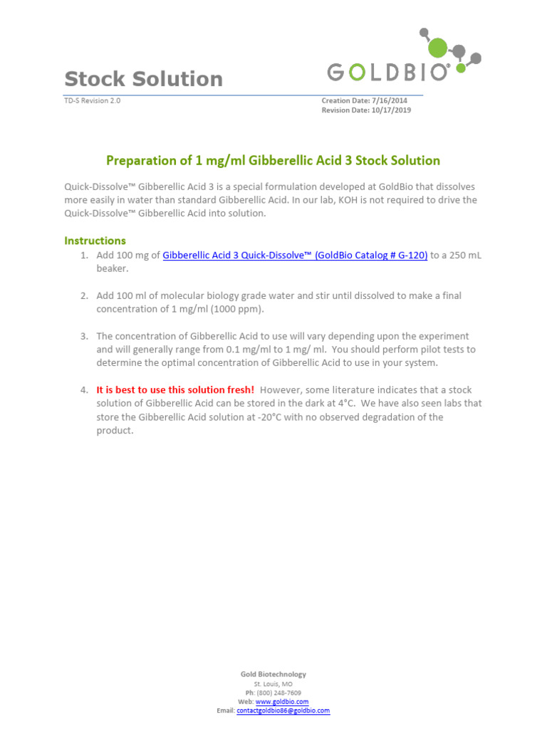 Gibberellic acid 3 stock solution preparation pdf