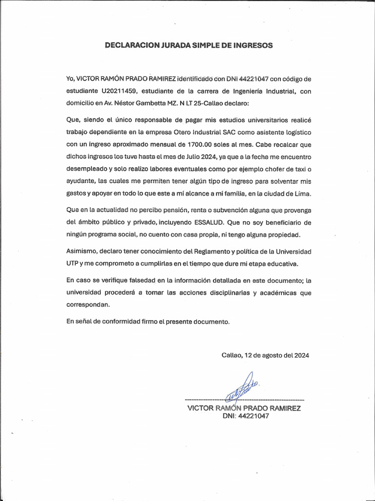 Declaración Jurada Simple de Ingresos | PDF