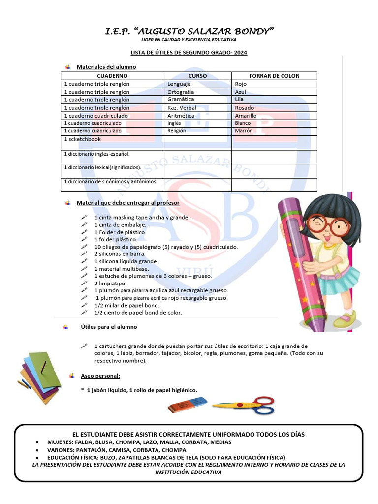 LISTA DE UTILES 2024 2do Grado | PDF