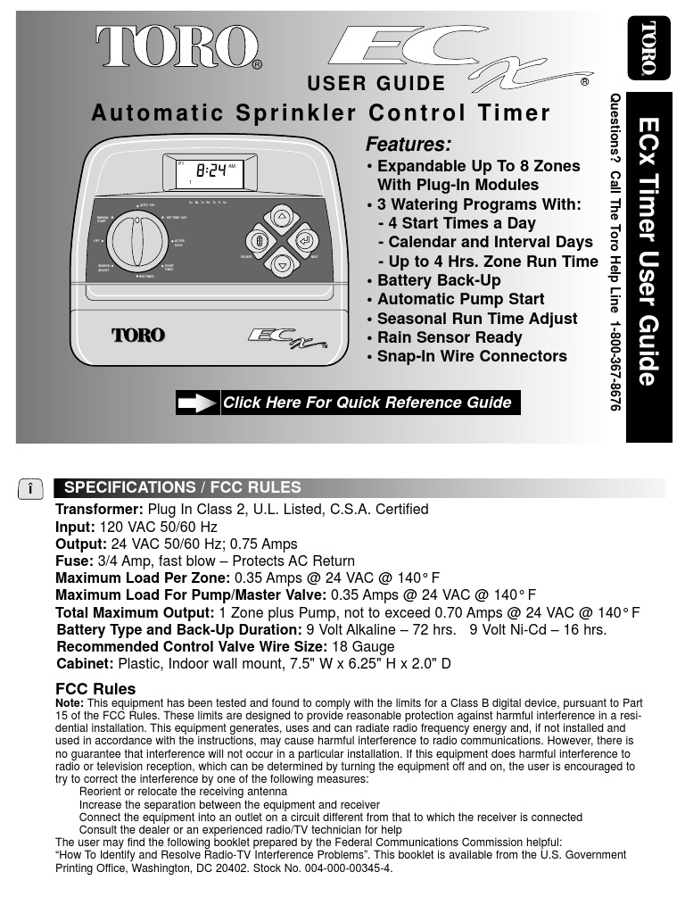 Toro ECX Timer PDF Battery (Electricity) Valve