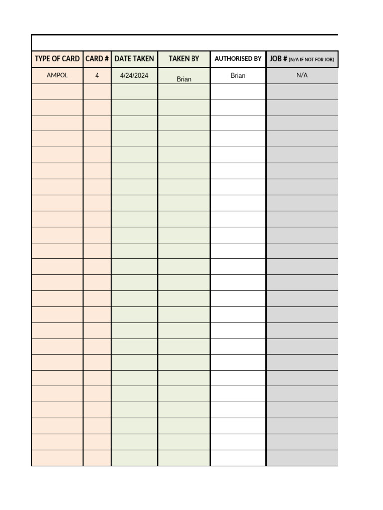 Fuel Card Register | PDF