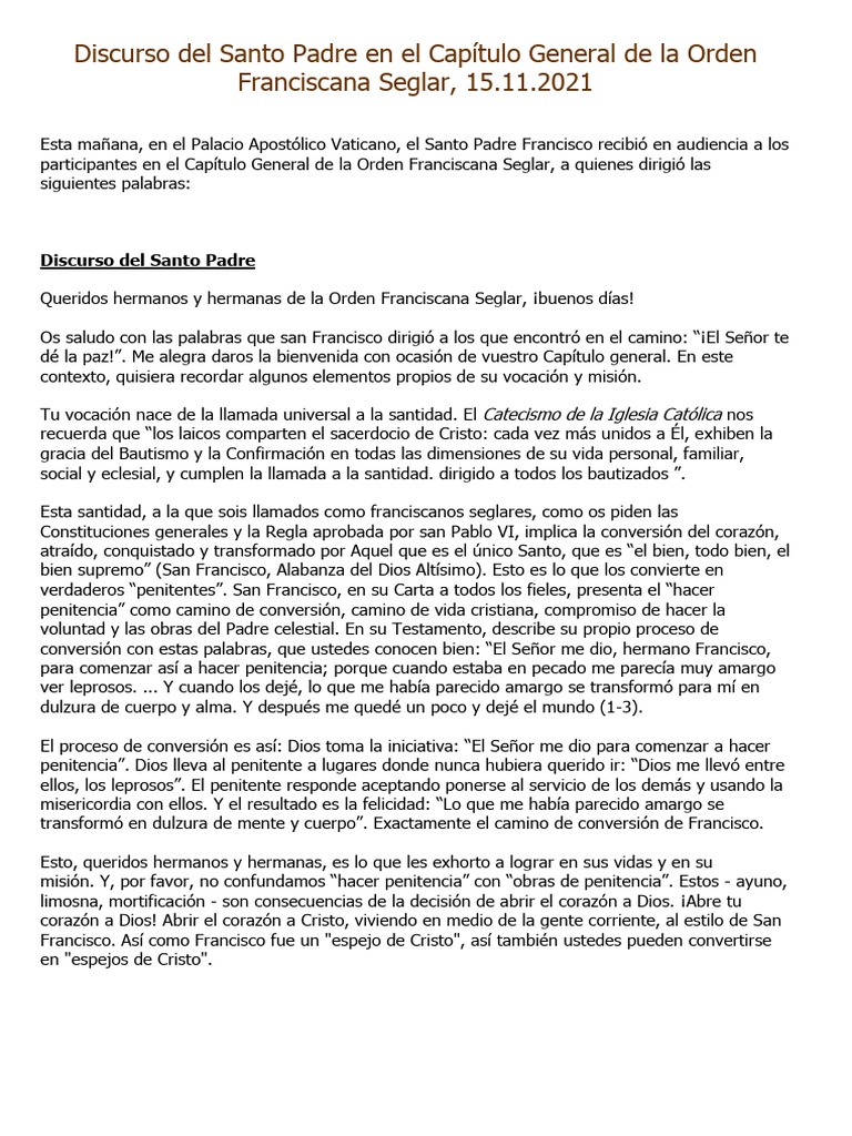 Discurso Del Santo Padre En El Capítulo General De La Orden Franciscana
