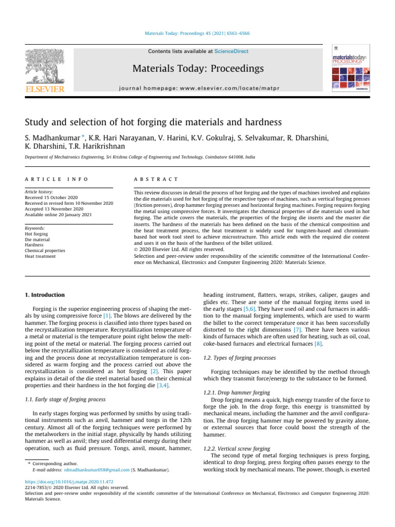 Study and Selection of Hot Forging Die Materials and Hardness | PDF