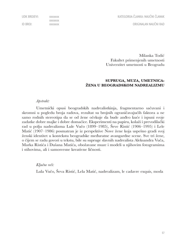 Supruga Muza Umetnica Zena U Beogradskom | PDF