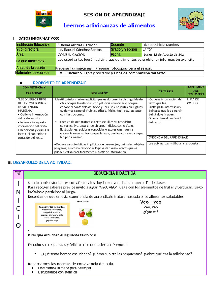 Adivinanzas de Alimentos para Primer Grado | PDF | Comunicación humana ...