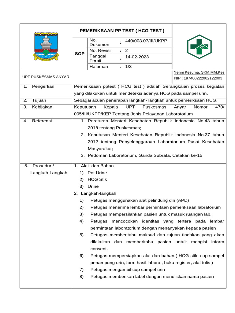 3.9.1.a.4.07 New Sop Pemeriksaan PP Test (HCG Test) | PDF