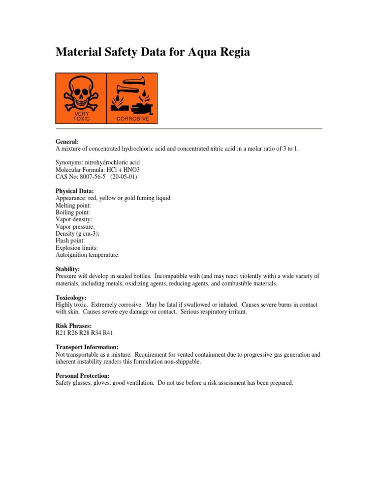 MSDS, Aqua Regia PDF Nitric Acid Chemistry