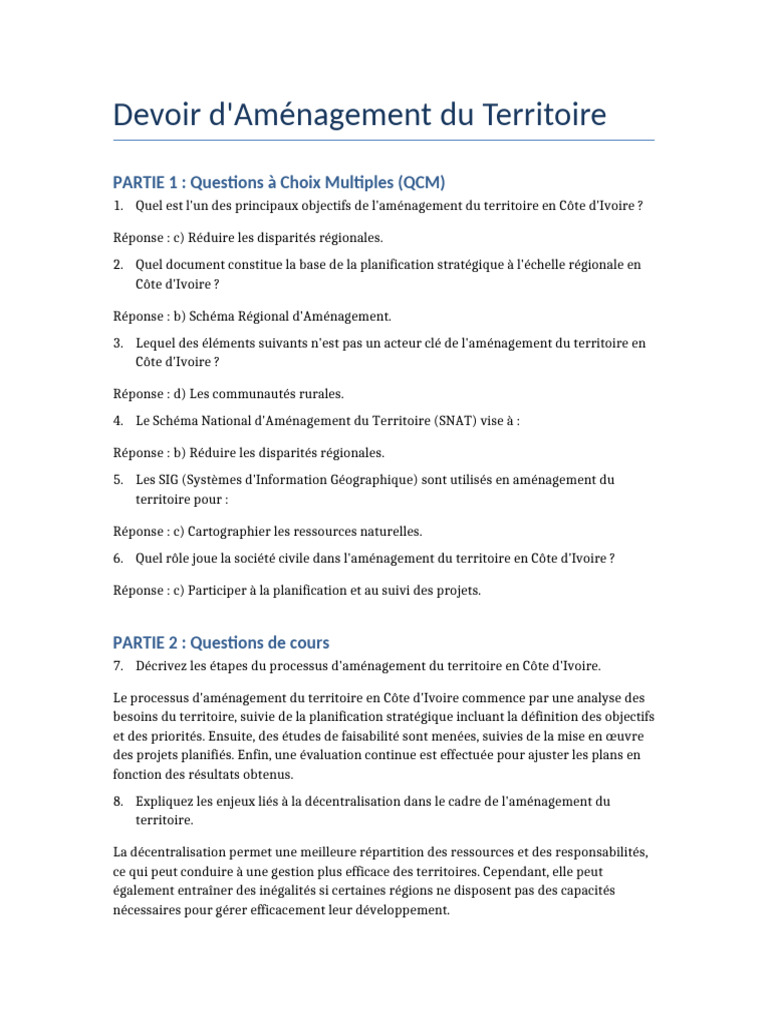 Devoir Aménagement Du Territoire | PDF