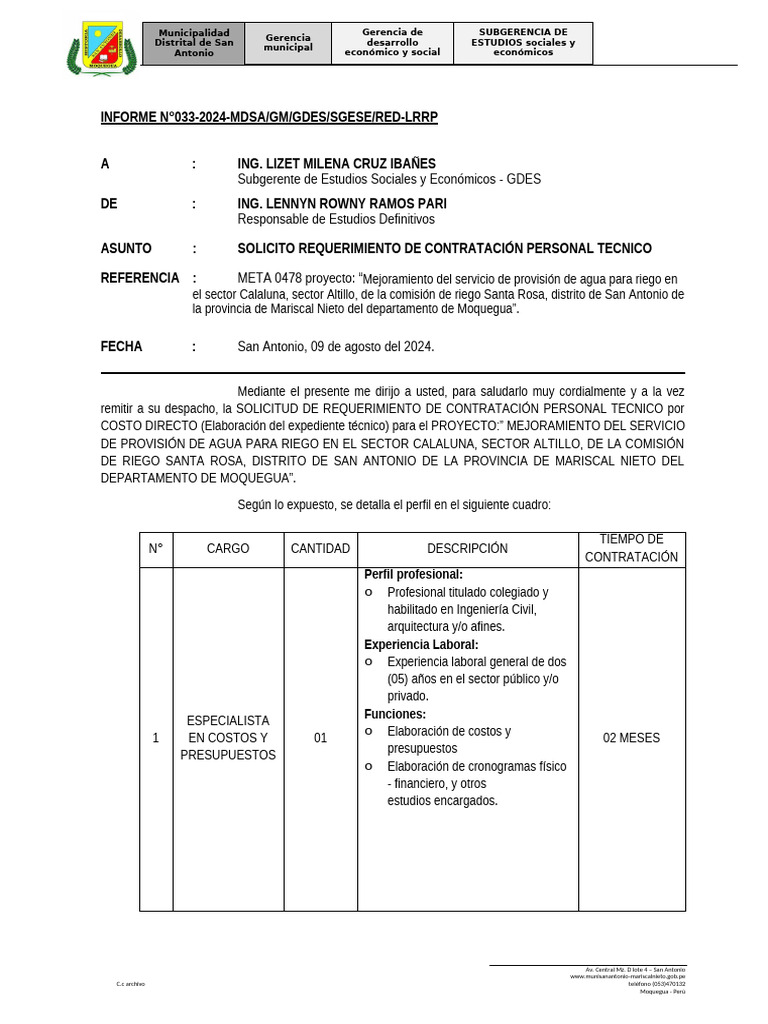 Informe - # - 033 - Solicito Personal Tecnico Calaluna | PDF