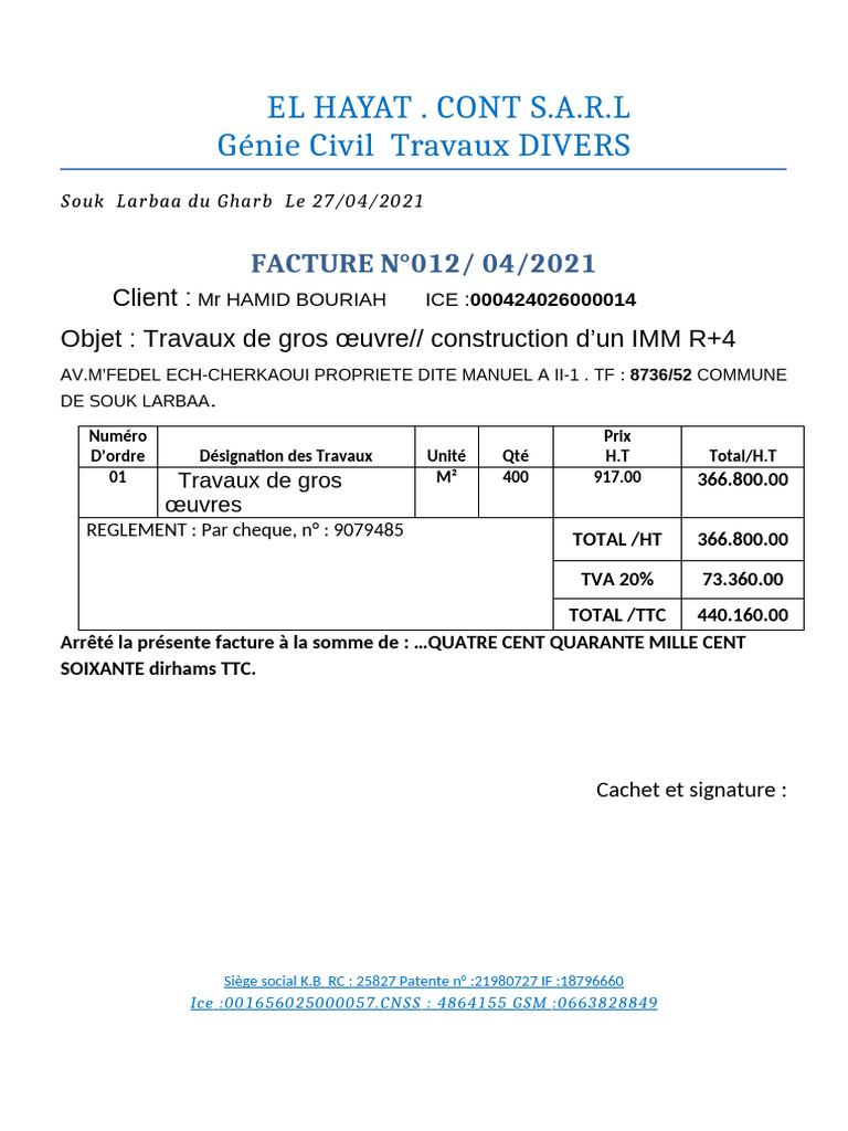 El Hayat - Cont S.A.R.L Génie Civil Travaux DIVERS: FACTURE N°012/ 04 ...
