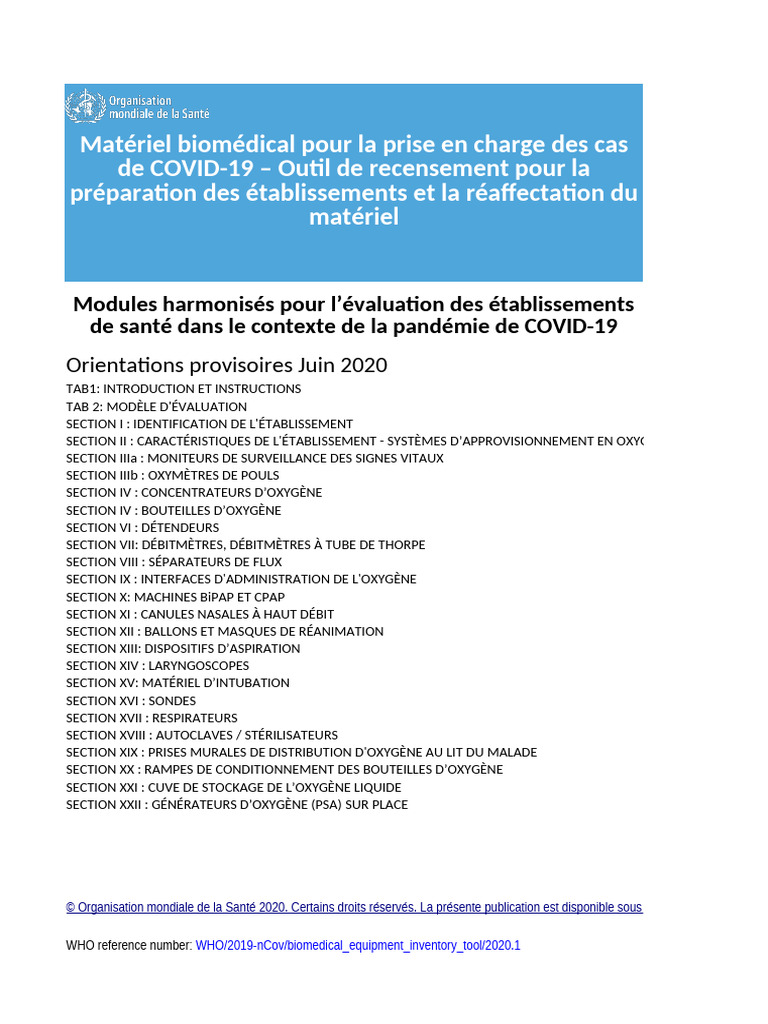 WHO 2019 Ncov Biomedical - Equipment - Inventory - Tool 2020.1 Fre | PDF