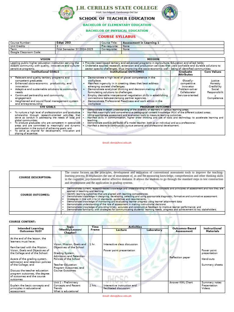 ASSESSMENT IN LEARNING 1 Syllabus Feb 2024 | PDF | Educational ...