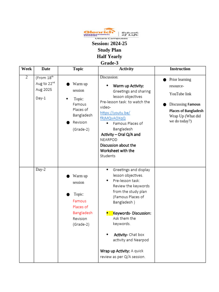 2024-25 G3-History Study Plan Week-2 | PDF