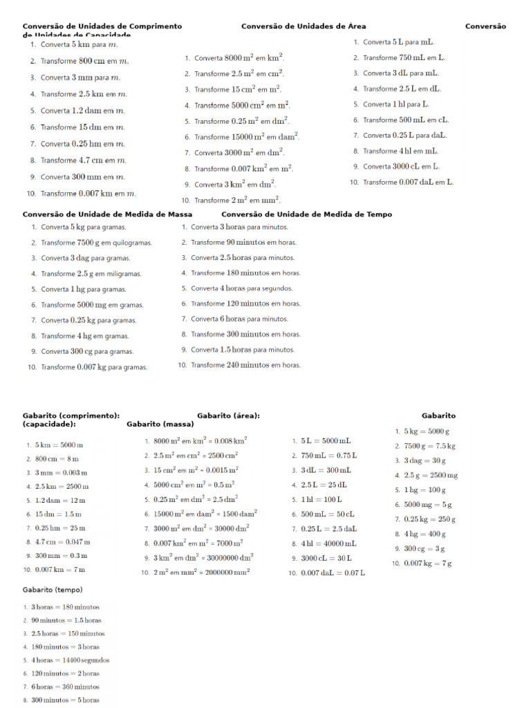 Lista conversão de unidades de medida 6 ano | PDF