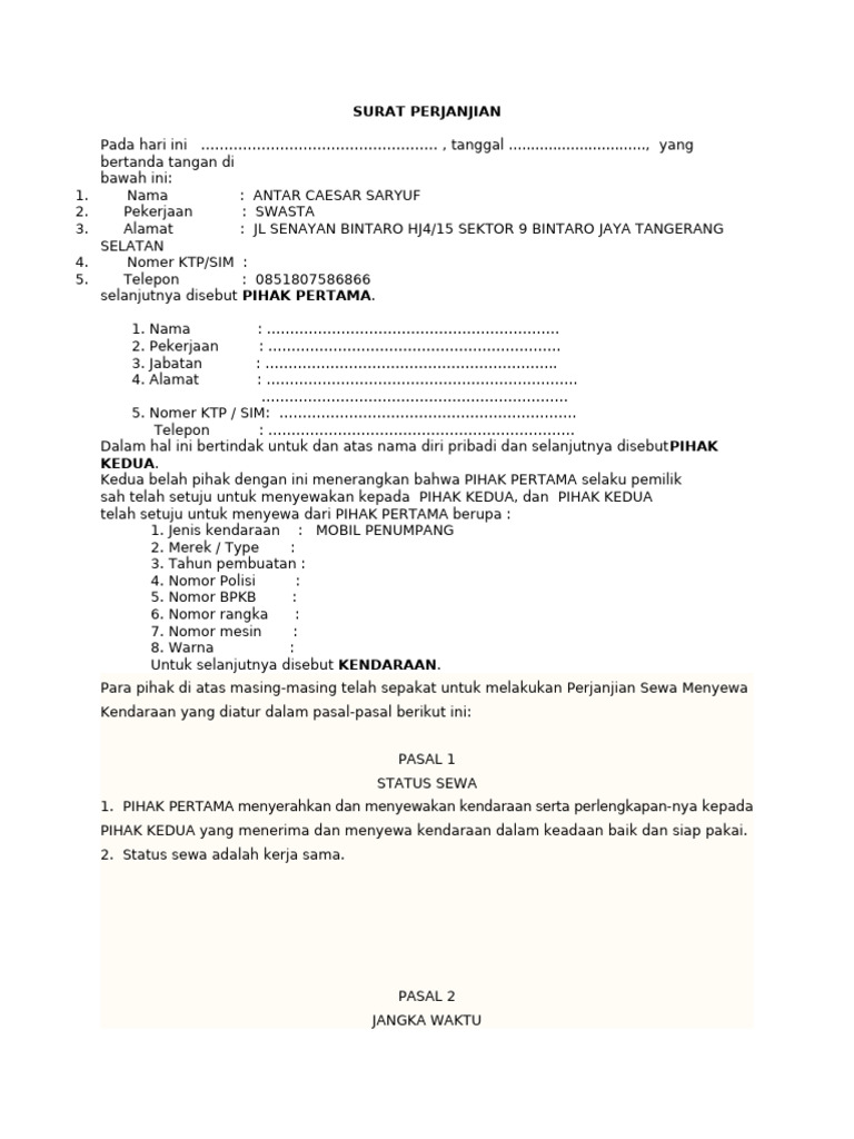 Surat Perjanjian Rental Mobil | PDF