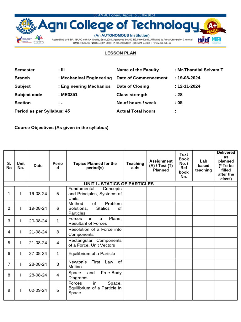 ME3351 EM Lesson Plan Format | PDF