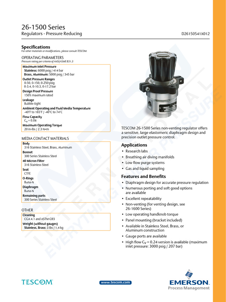 TESCOM 26-1500 Pressure Regulator Overview | PDF | Pressure