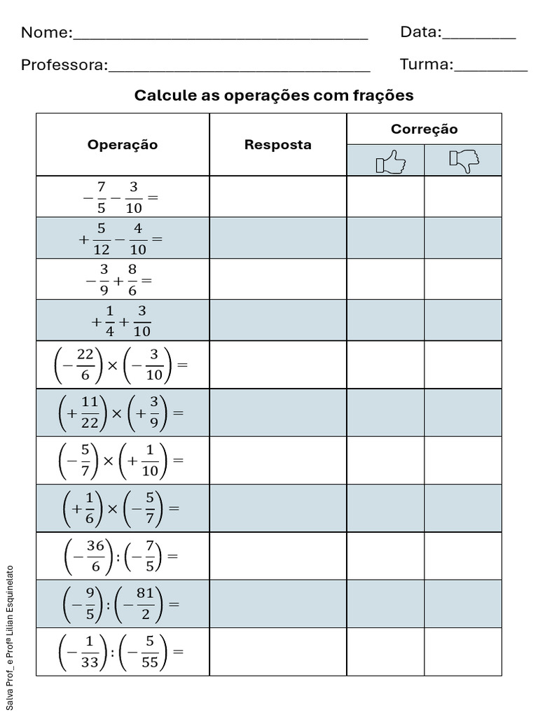 Operações Com Frações - Ficha para Imprimir | PDF