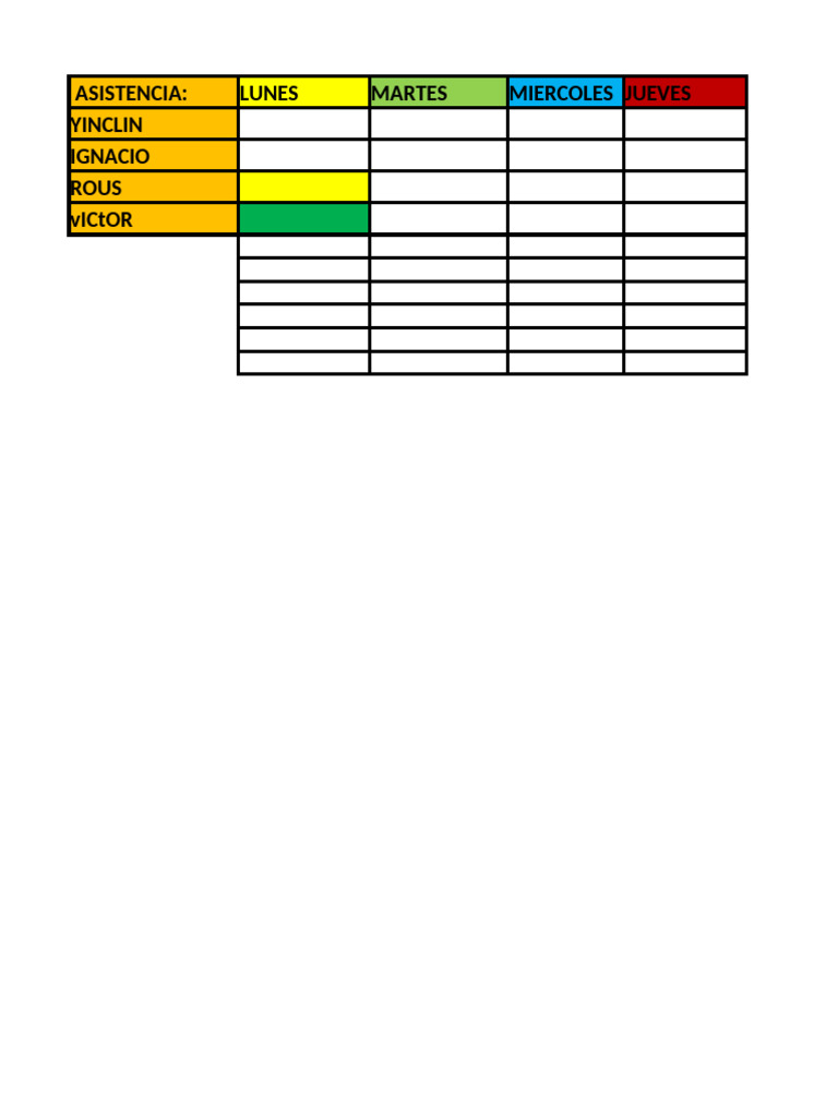 Asistencia: Lunes Martes Miercoles Jueves Yinclin Ignacio Rous Victor | PDF
