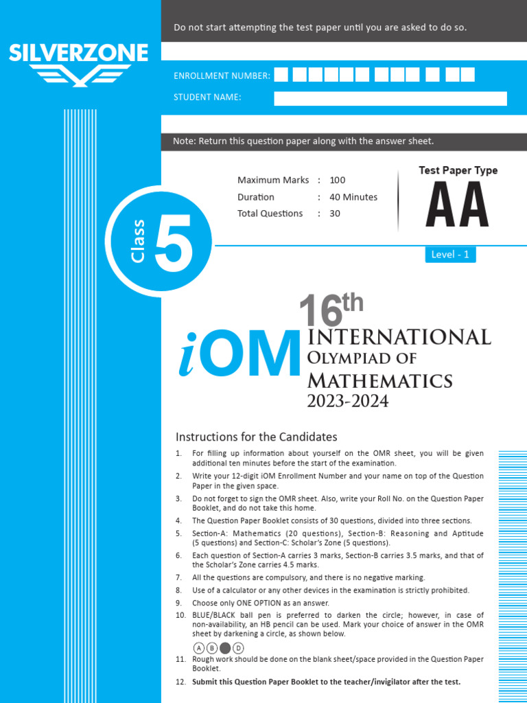 Class 5 Math Pyq 2023 Silverzone Iom | PDF