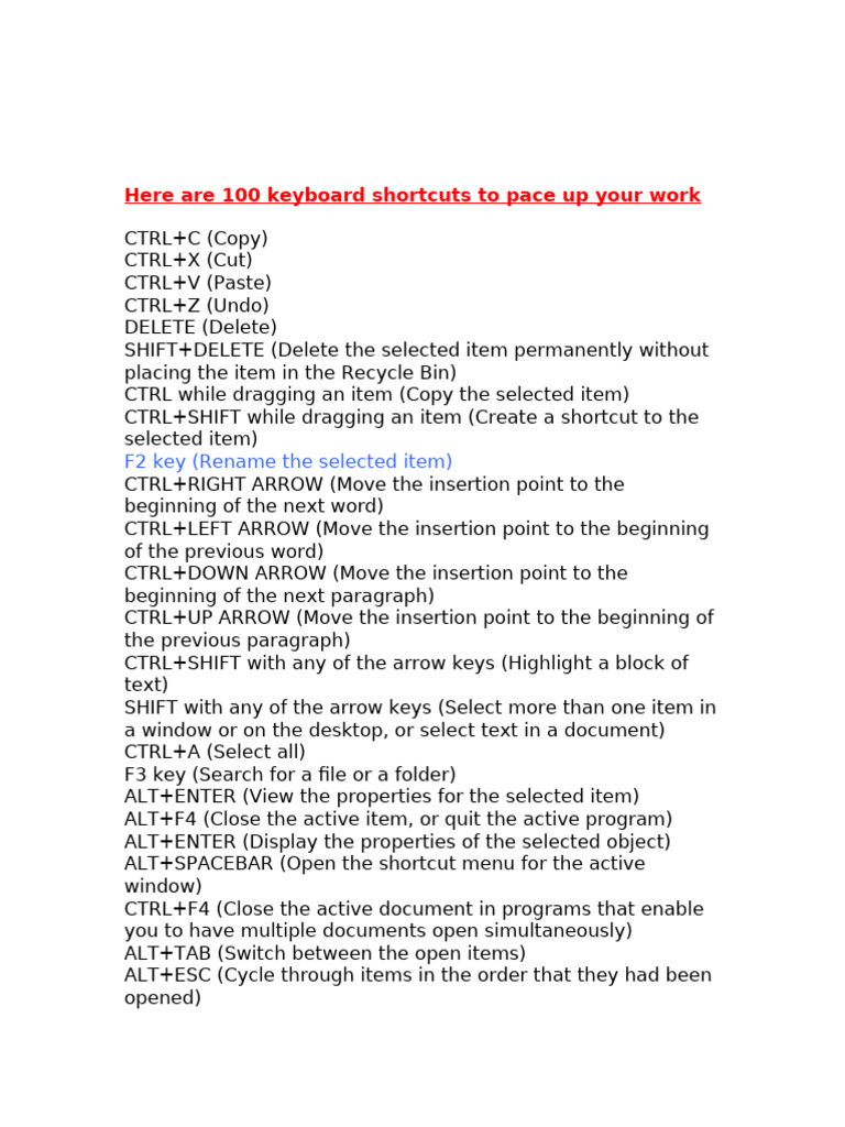 100 Short Keys For Pcs | PDF
