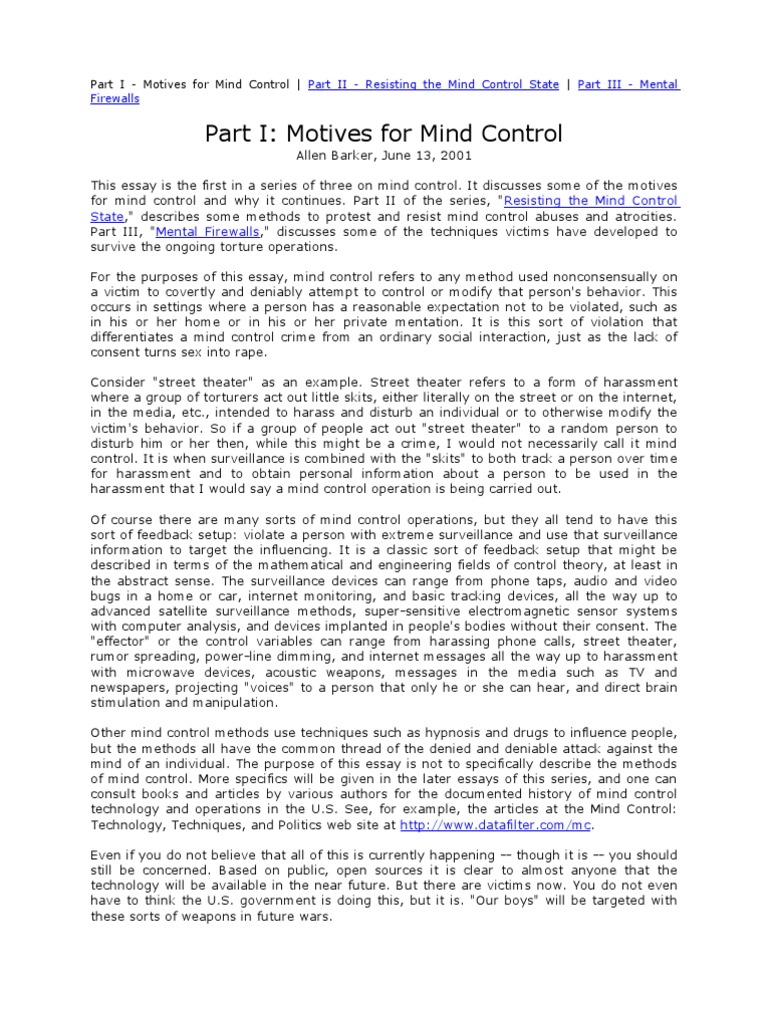 Part I Motives For Mind Control | PDF | Surveillance | Mind Control