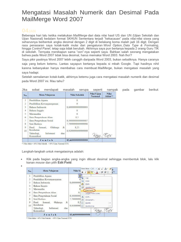Mengatasi Masalah Numerik Dan Desimal Pada MailMerge Word 2007 | PDF