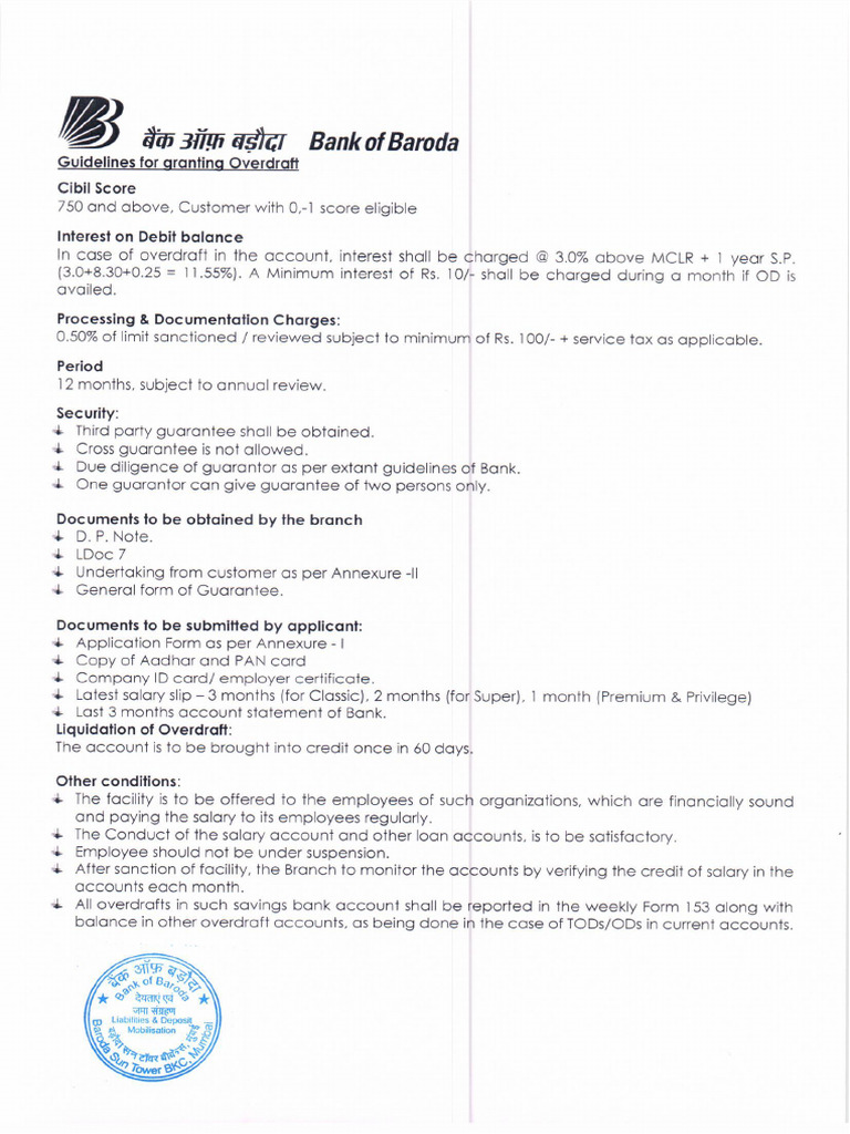 Sop Of Overdraft In Salary Accounts Pdf