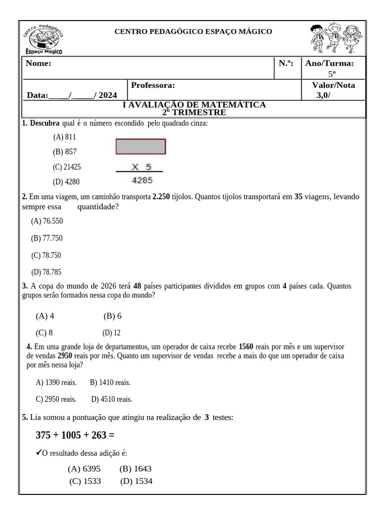 I Avaliação de Matemática 2 T | PDF