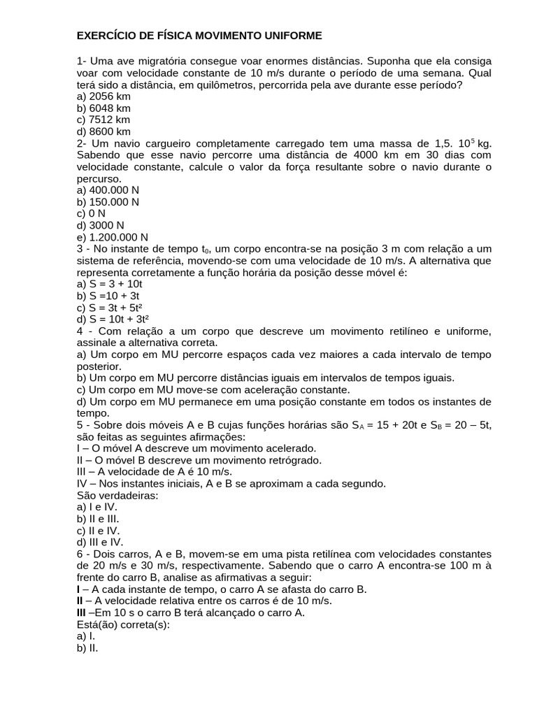Exercício de Fisica Movimento Uniforme | PDF