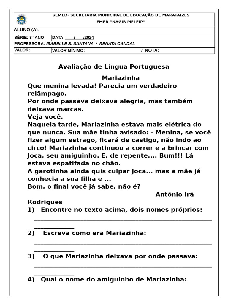Avaliação de Lingua Portuguesa | PDF