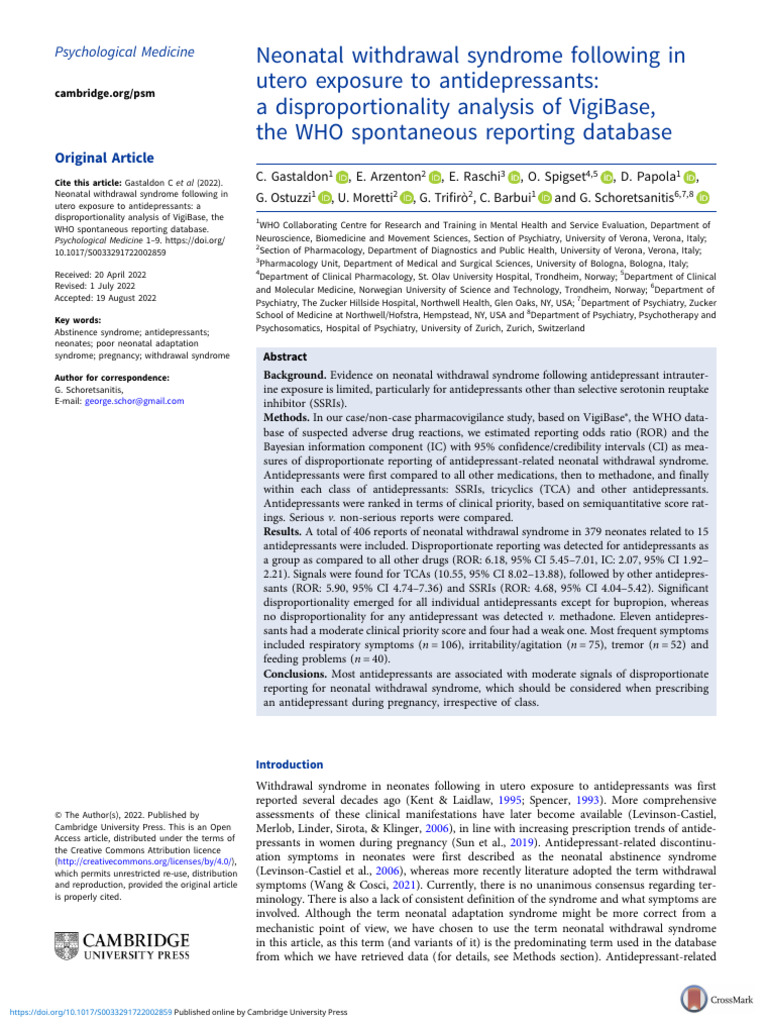 Neonatal withdrawal syndrome following in utero exposure to