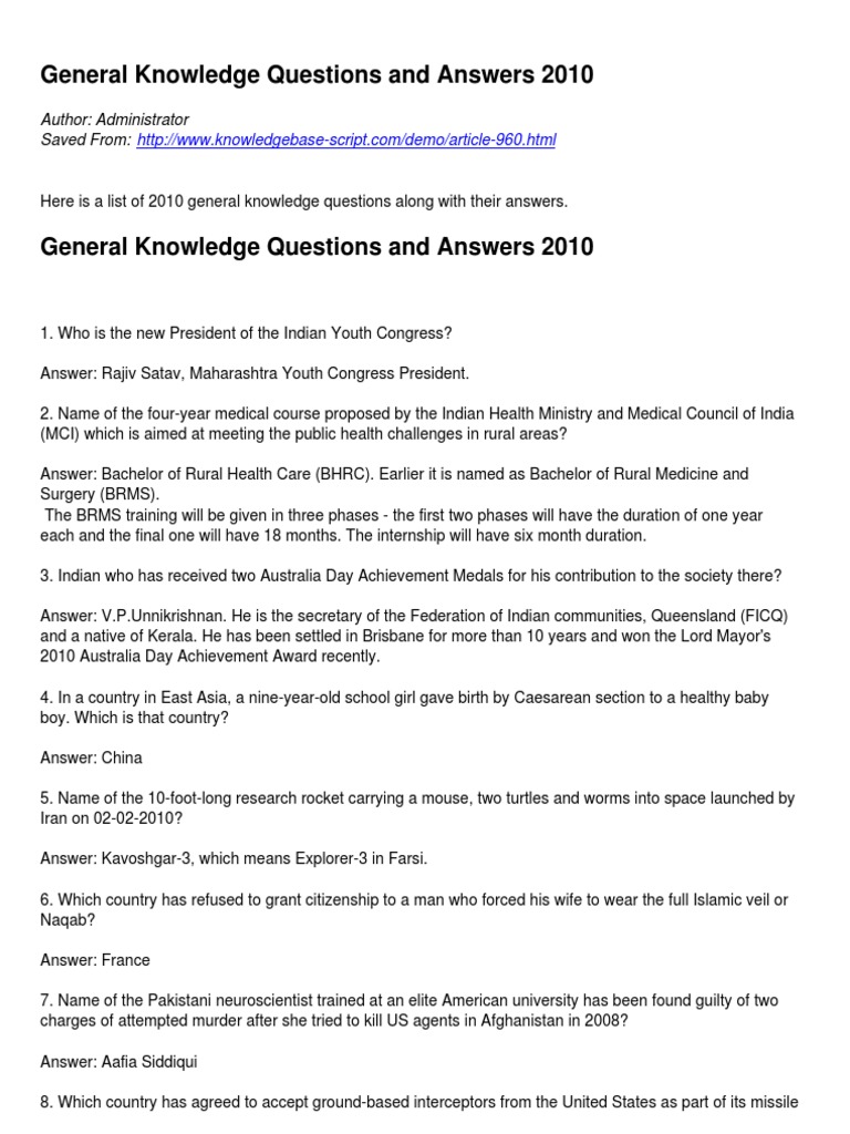 2010 General Knowledge Q&A | PDF