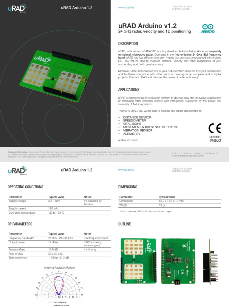 uRAD - Datasheet - Arduino v1.2 - EN | PDF