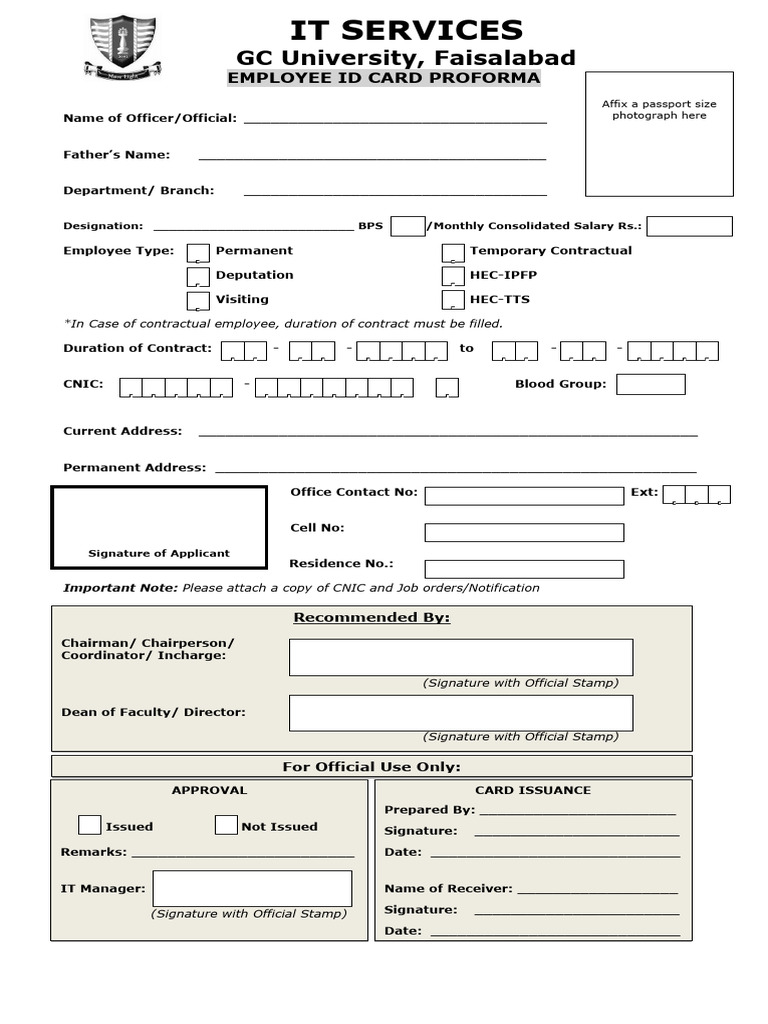 ID Card Proforma (For Employees) GC University Faisalabad | PDF ...