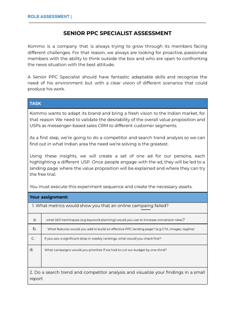 Senior PPC Specialist Assessment | PDF