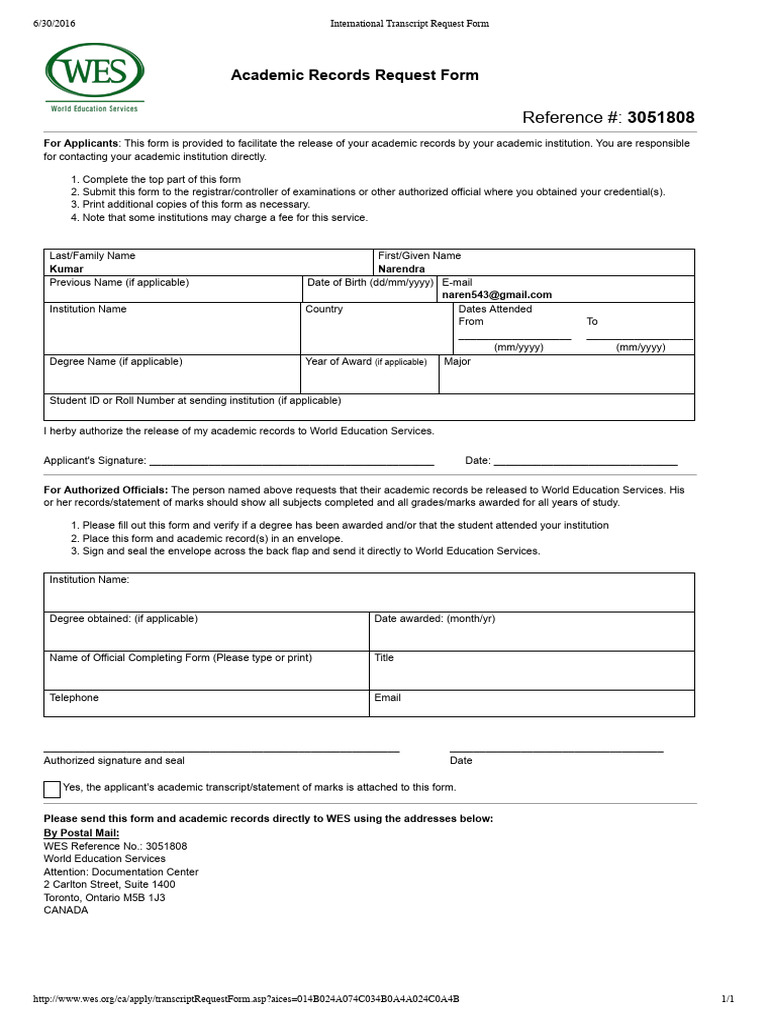 International Transcript Request Form - UoS | PDF