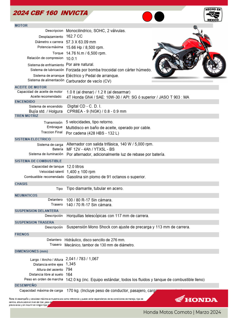 2024 CBF 160 Invicta Motorcycle Specs | PDF