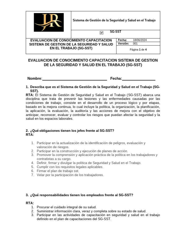 Evaluacion De Conocimiento Capacitacion Sistema De Gestion De La
