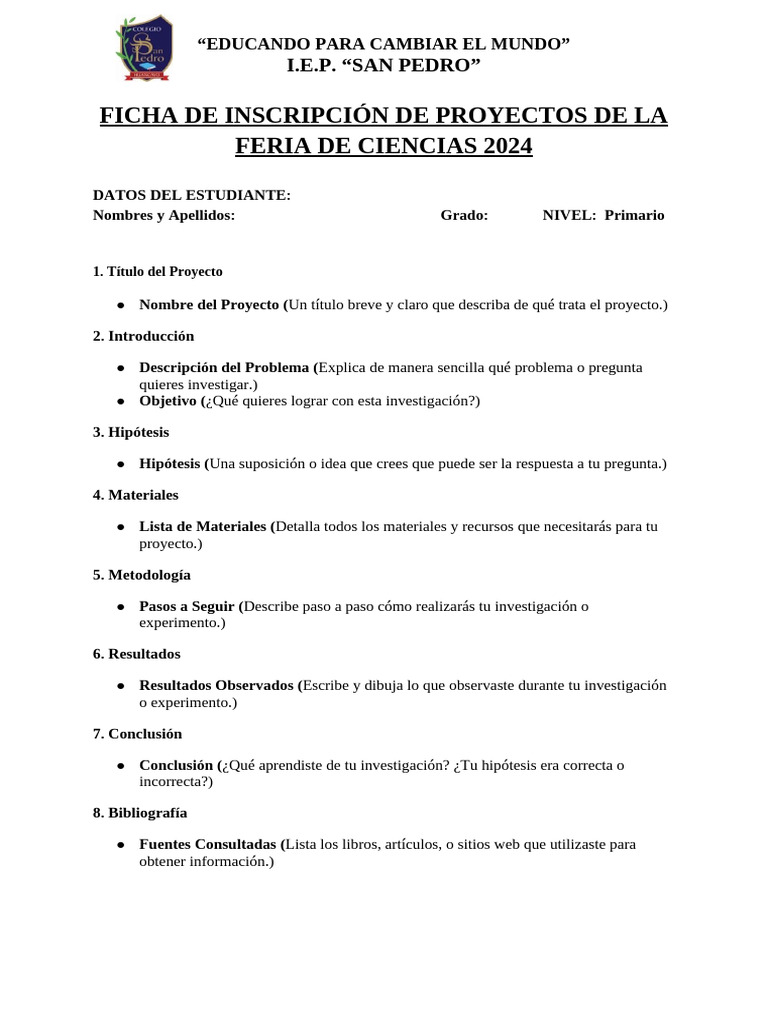 Ficha de Inscripción de Proyectos de La Feria de Ciencias 2024 | PDF