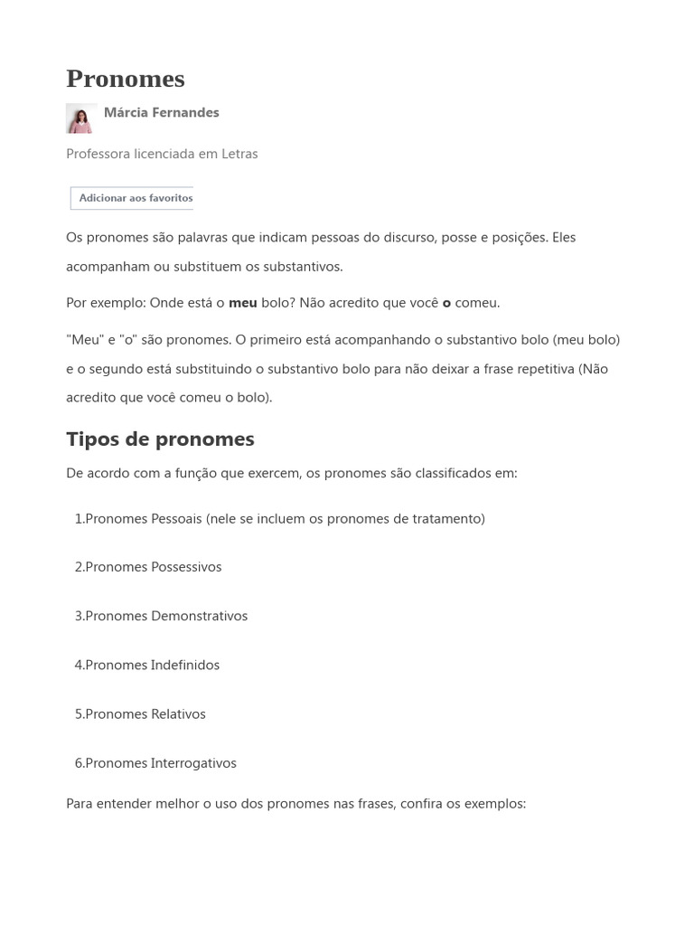 Tipos e Exemplos de Pronomes | PDF | Pronome | Estudos de Línguas ...