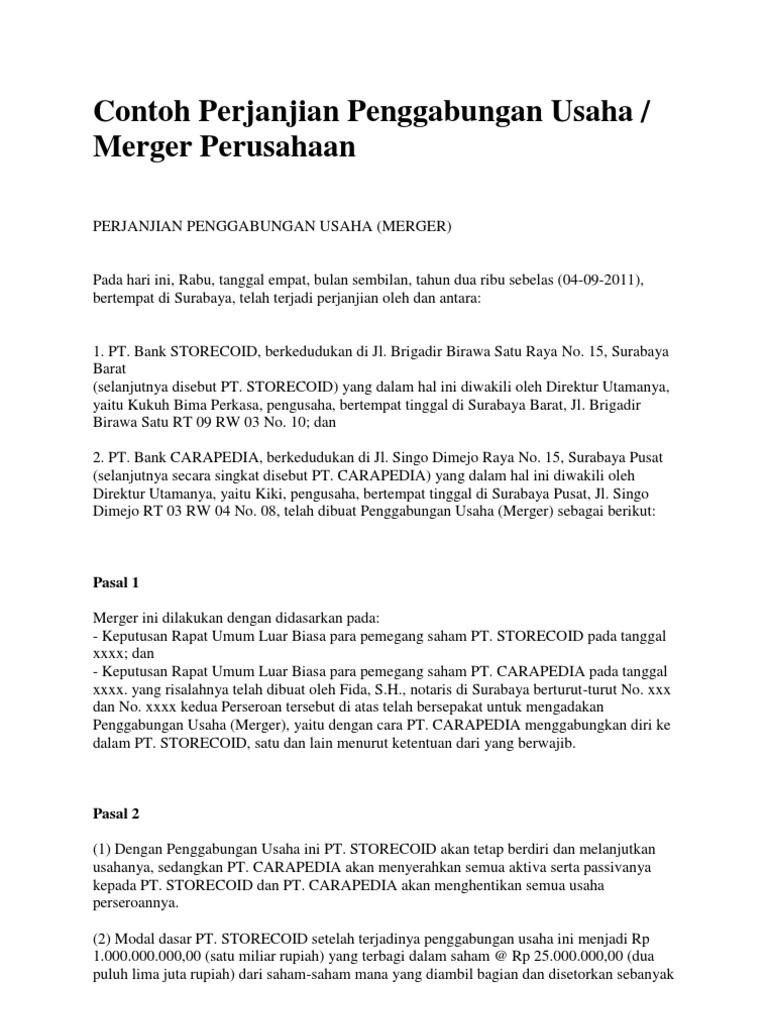 Contoh Perjanjian Merger Perusahaan | PDF | Pengelolaan Keuangan & Uang