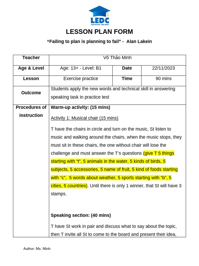 Lesson Plan (Speaking) - 22.11.2023 | PDF