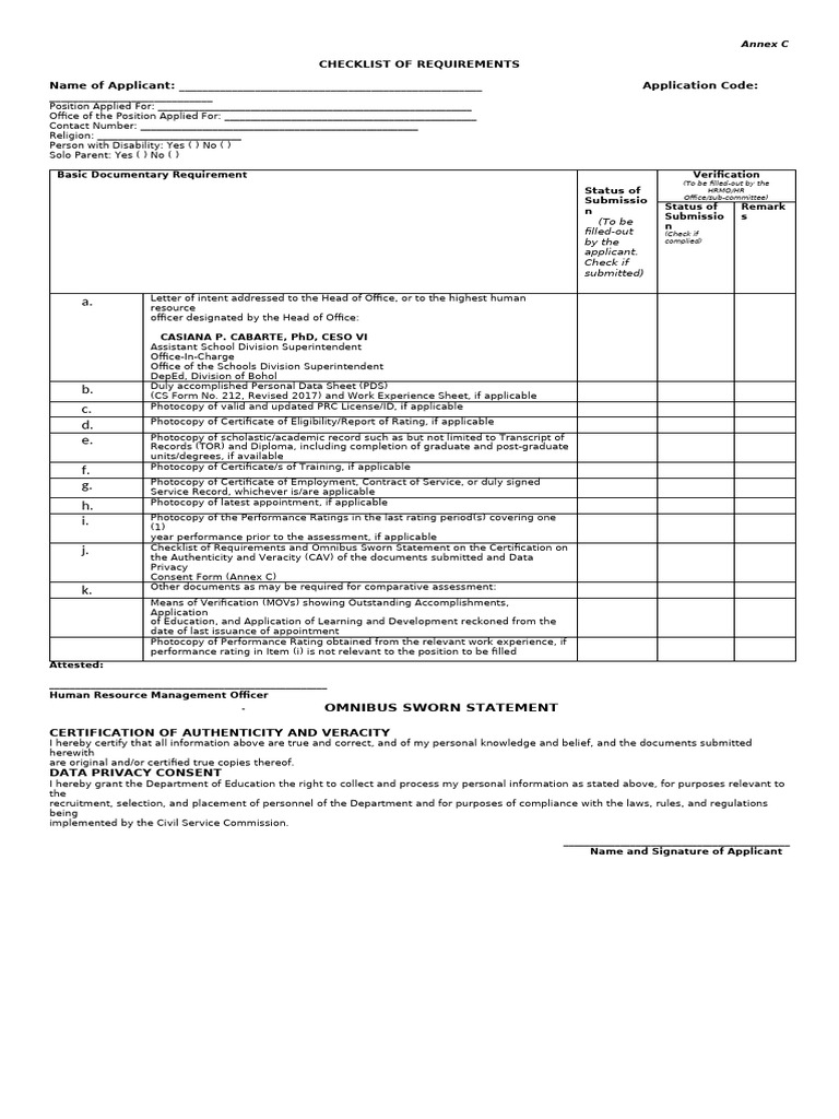 Annex C Checklist Requirement | PDF