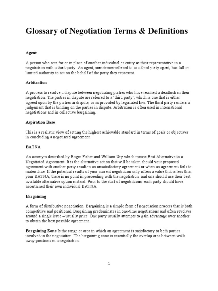 Negotiation Terms and Definitions Guide | PDF | Bargaining | Negotiation