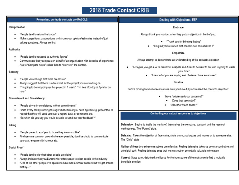 New Trade Contact Crib Sheet | PDF