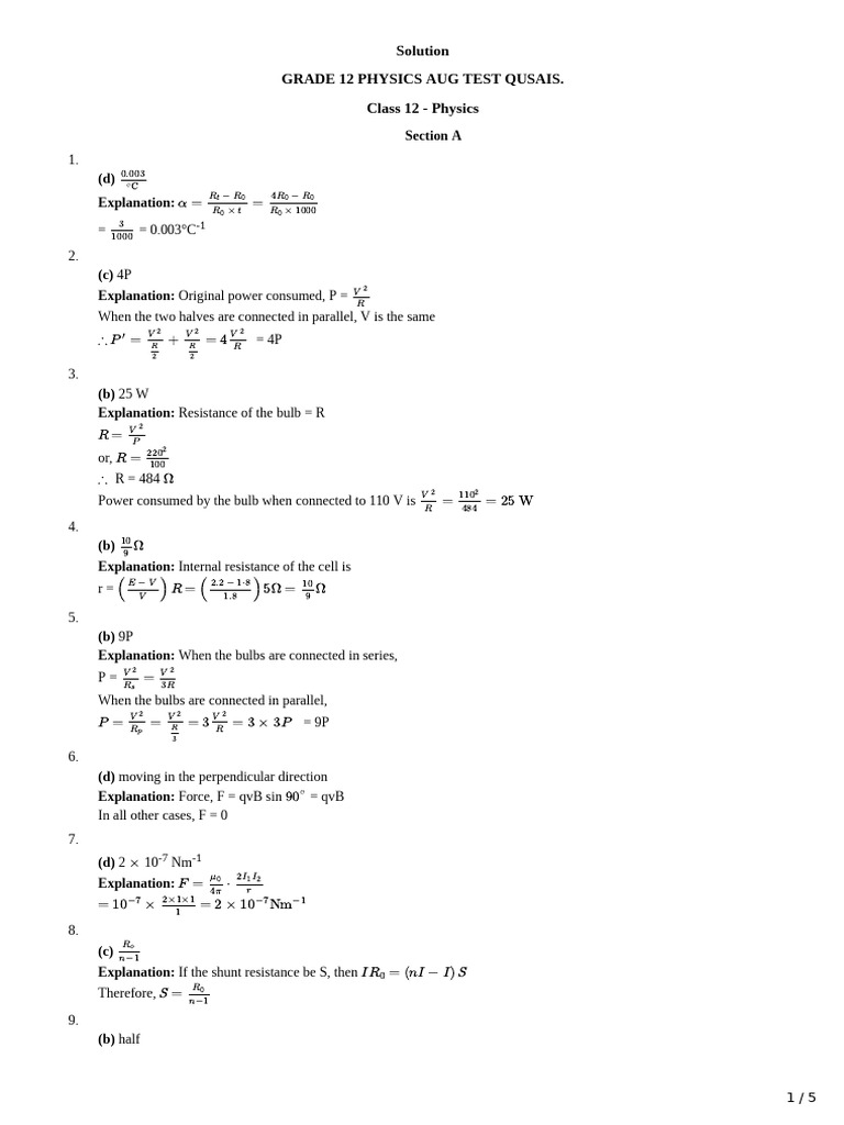 Grade 12 Physics Aug Test Qusais - Solution | PDF