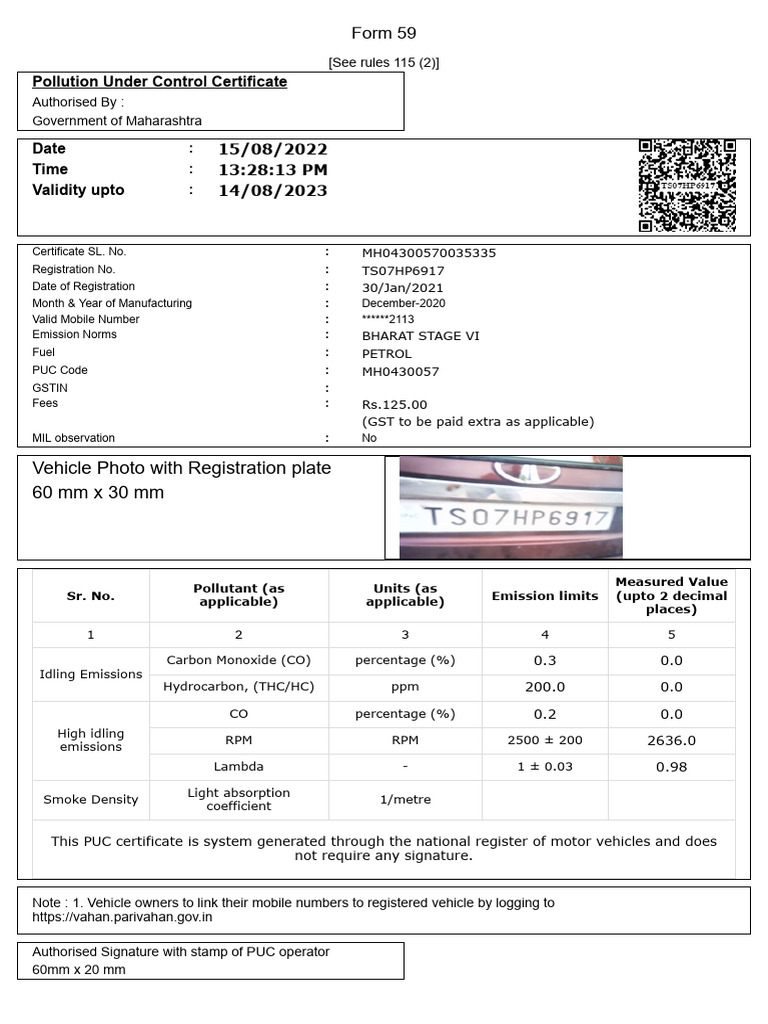 Pollution Under Control Certificate: Form 59 | PDF
