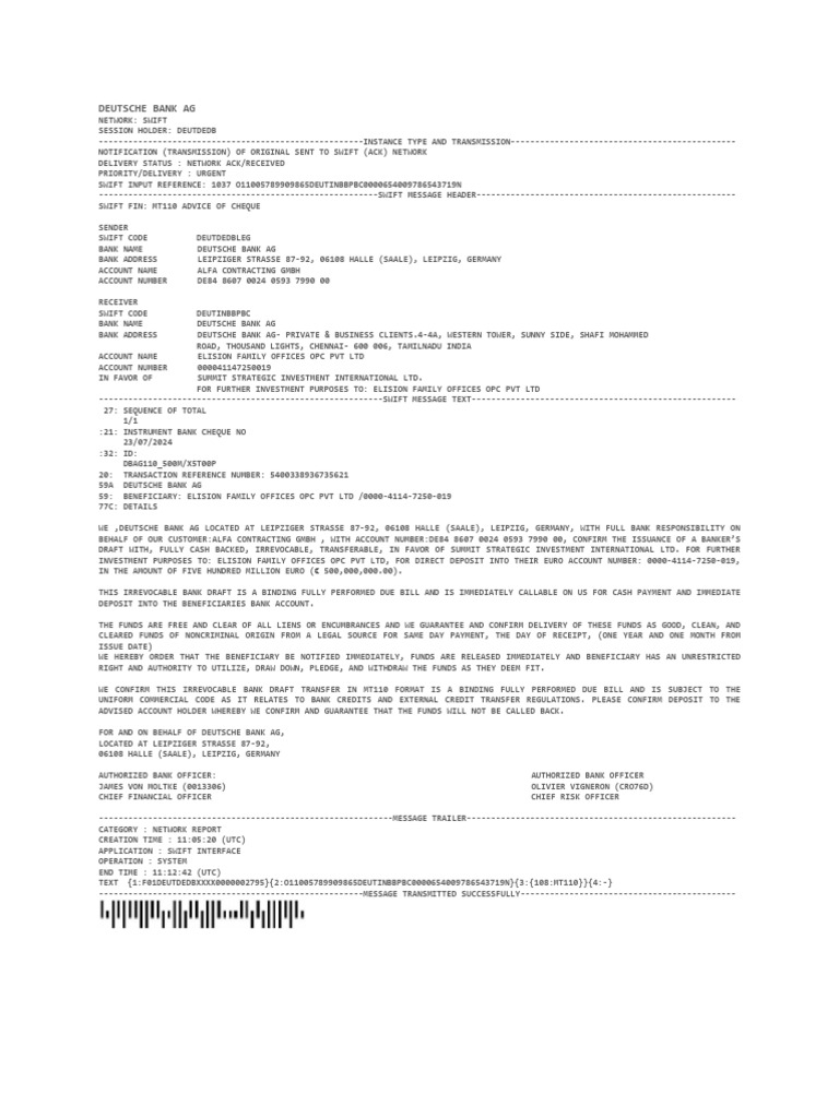 MT110 Advice of Cheque SWIFT Copies-1 | PDF